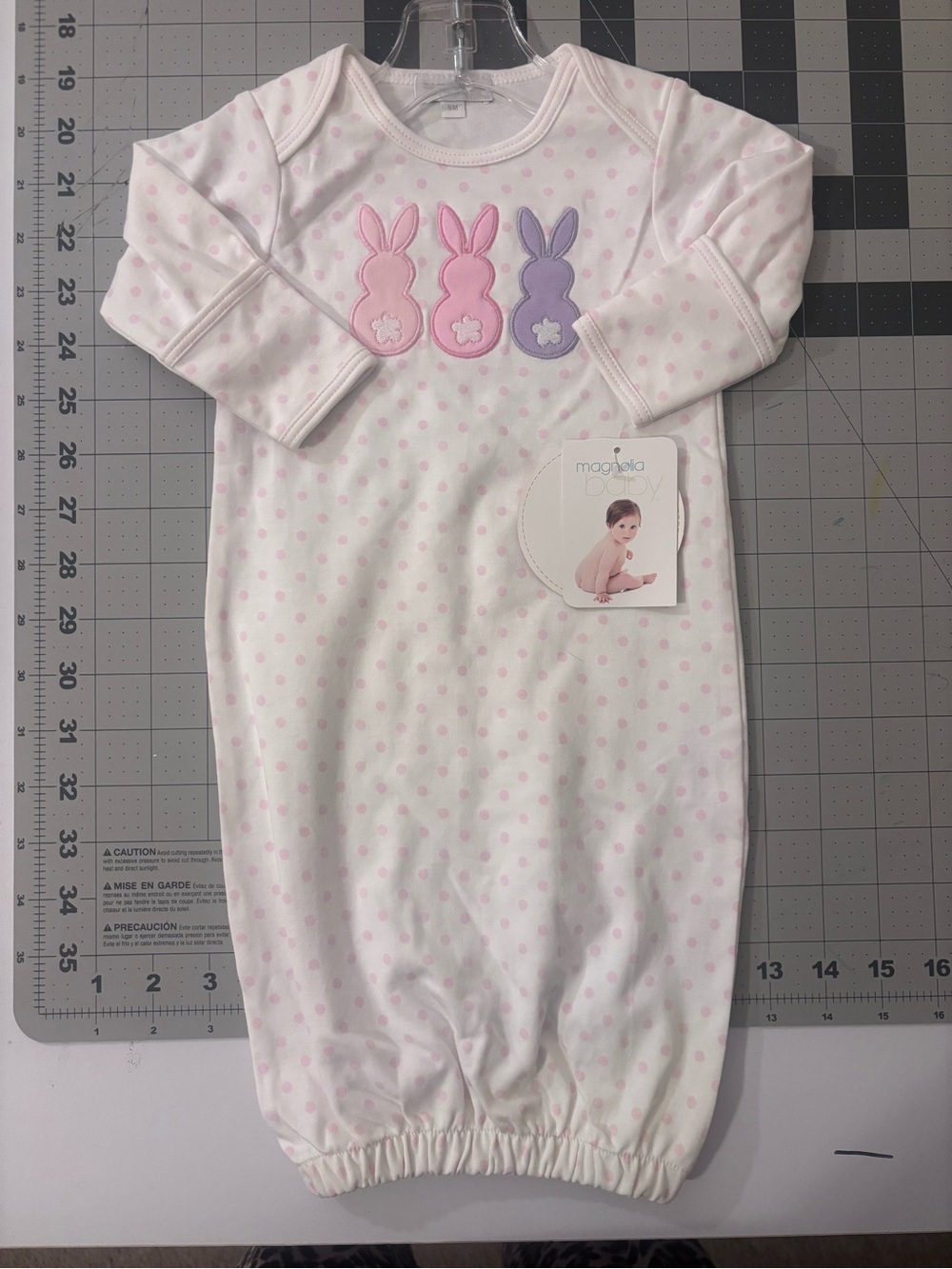 Magnolia Baby White Cotton Gown with Pink and Purple Bunny Appliqués
